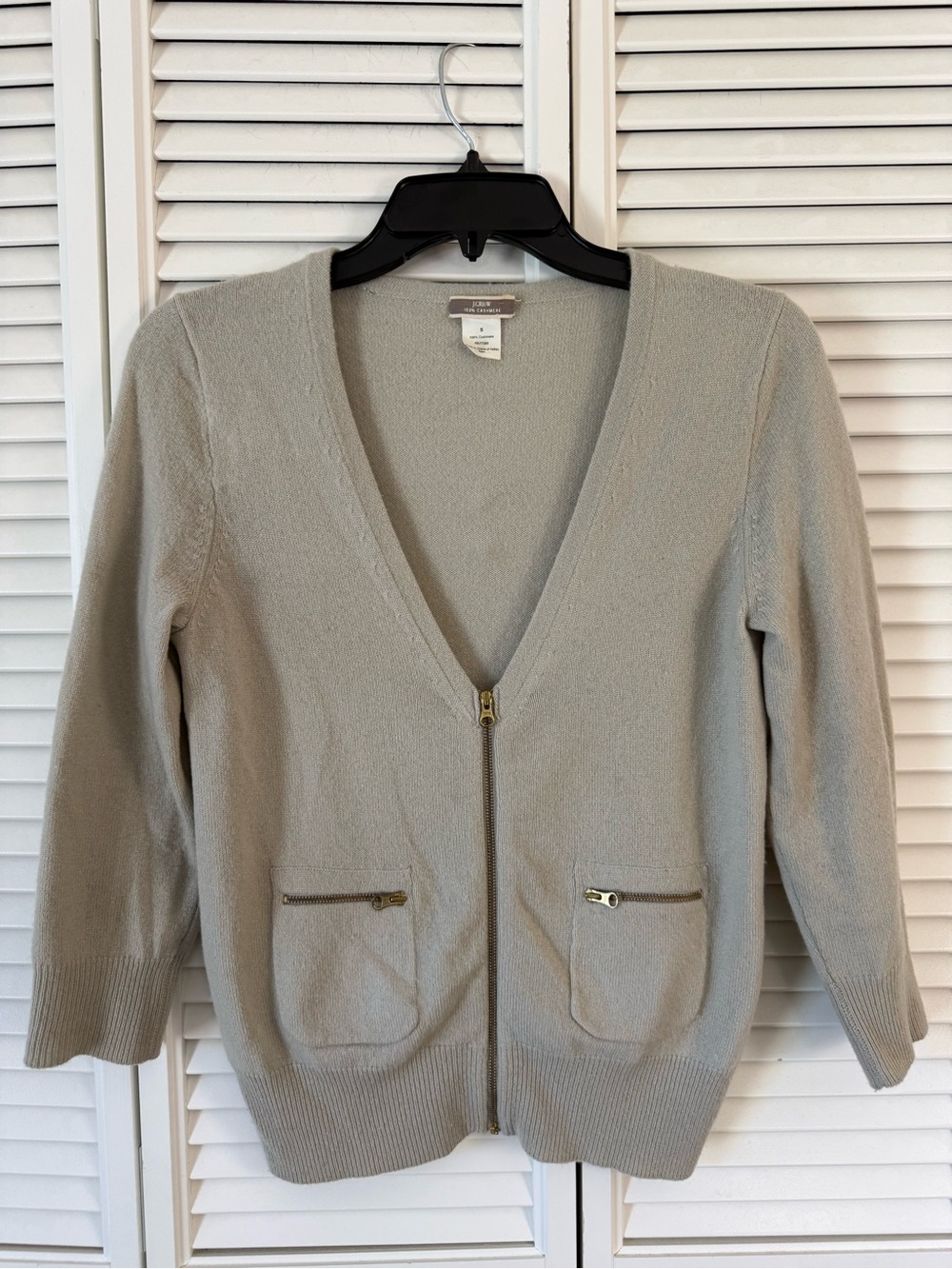 J.Crew Greige 100% Cashmere Knit Full Zip V-Neck Cardigan Sweater Pockets S